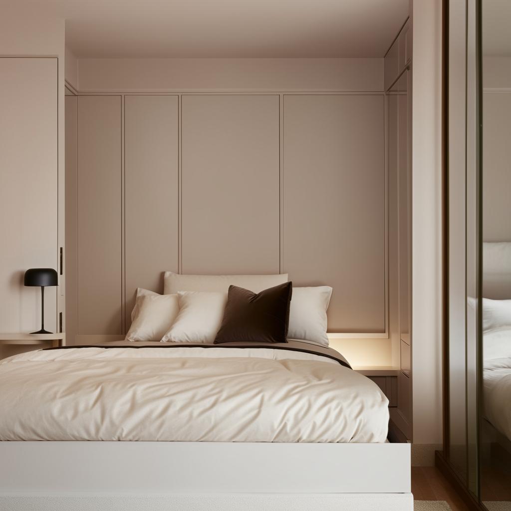 An elegant redesign of a bedroom with modern furniture, calming color schemes, plush bedding, and warm lighting. Includes a cozy reading nook and optimal storage solutions.