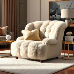 A realistic illustration of a luxurious, stylish chair upholstered with high-quality faux fur, resembling an elegant piece of furniture