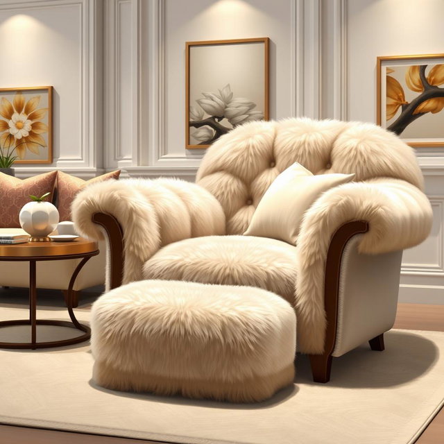 A realistic illustration of a luxurious, stylish chair upholstered with high-quality faux fur, resembling an elegant piece of furniture