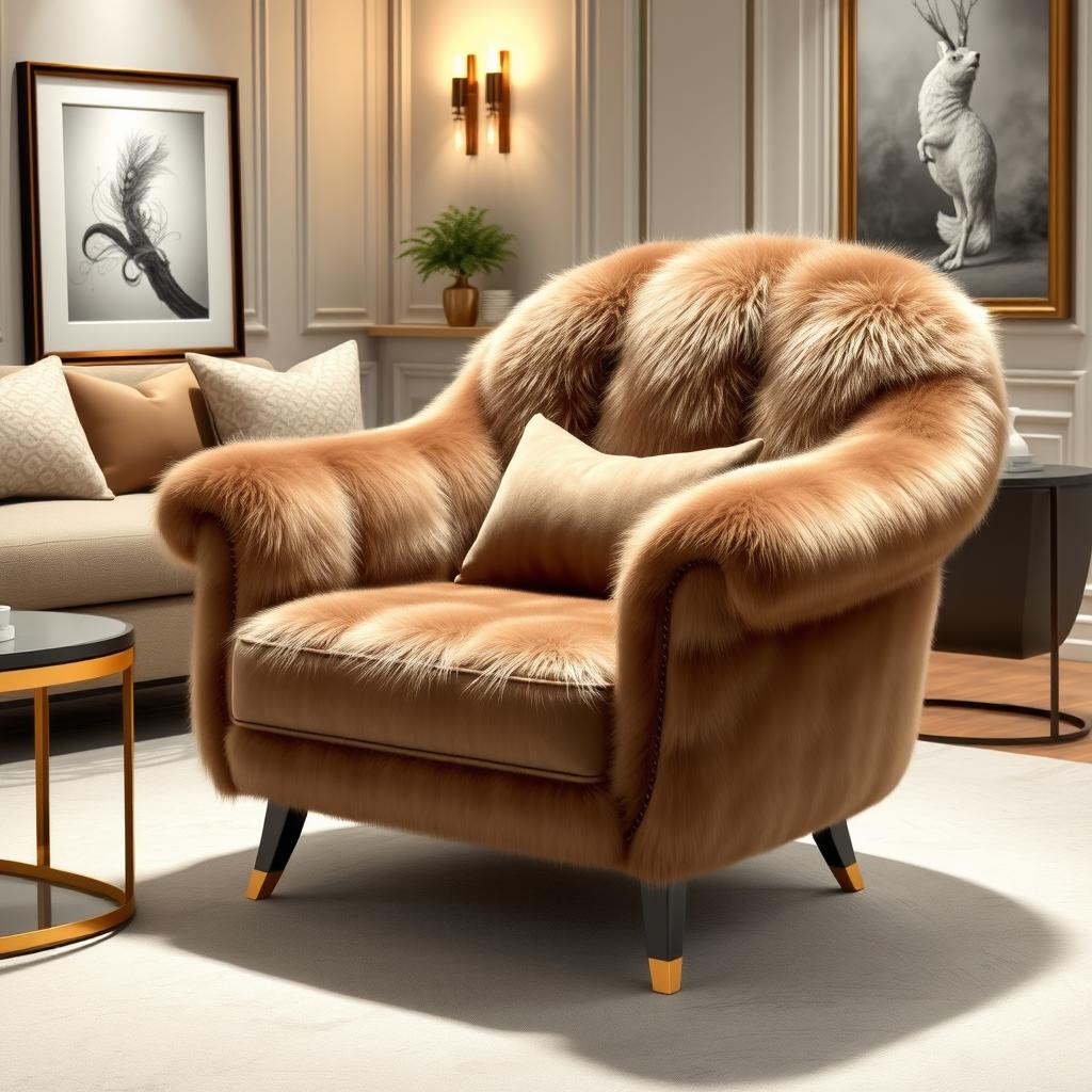 A realistic illustration of a luxurious, stylish chair upholstered with high-quality faux fur, resembling an elegant piece of furniture