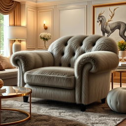 A realistic illustration of a luxurious, stylish chair upholstered with high-quality faux fur, resembling an elegant piece of furniture