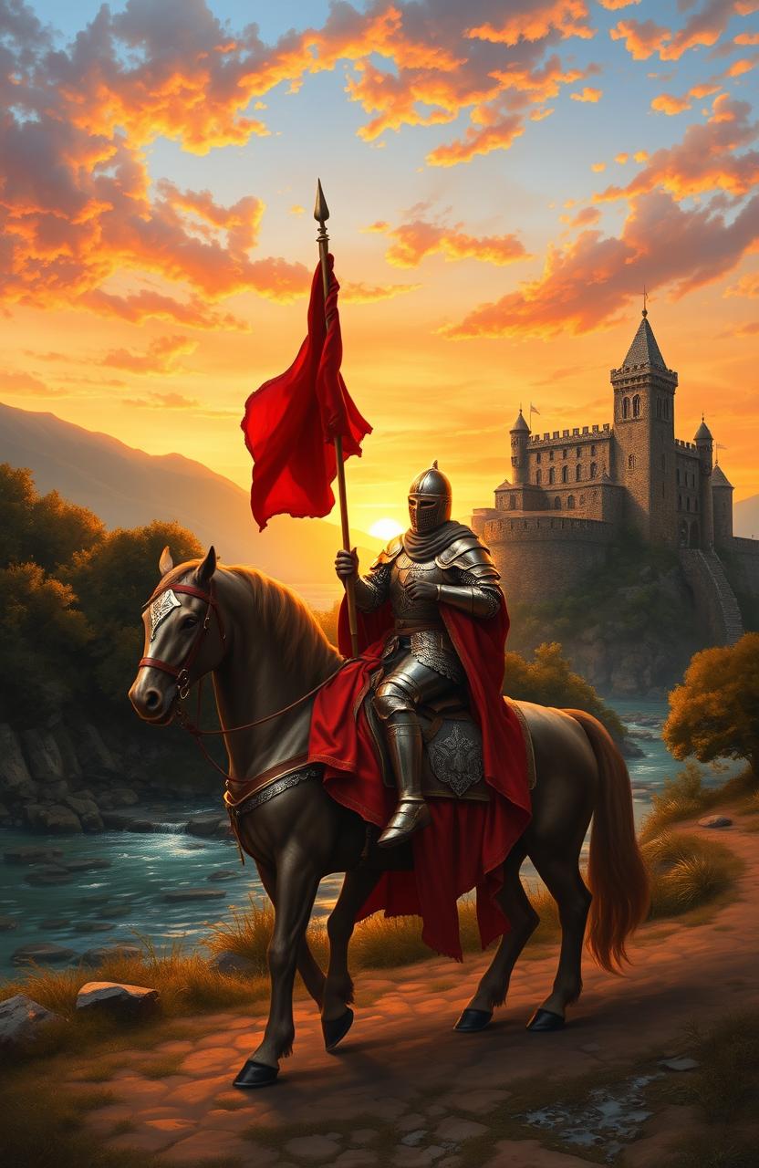 A majestic Renaissance-style painting depicting a noble knight riding on horseback, proudly holding a vibrant red flag