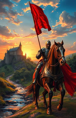 A majestic Renaissance-style painting depicting a noble knight riding on horseback, proudly holding a vibrant red flag