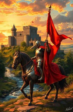 A majestic Renaissance-style painting depicting a noble knight riding on horseback, proudly holding a vibrant red flag