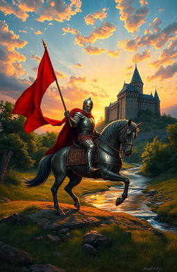 A majestic Renaissance-style painting depicting a noble knight riding on horseback, proudly holding a vibrant red flag