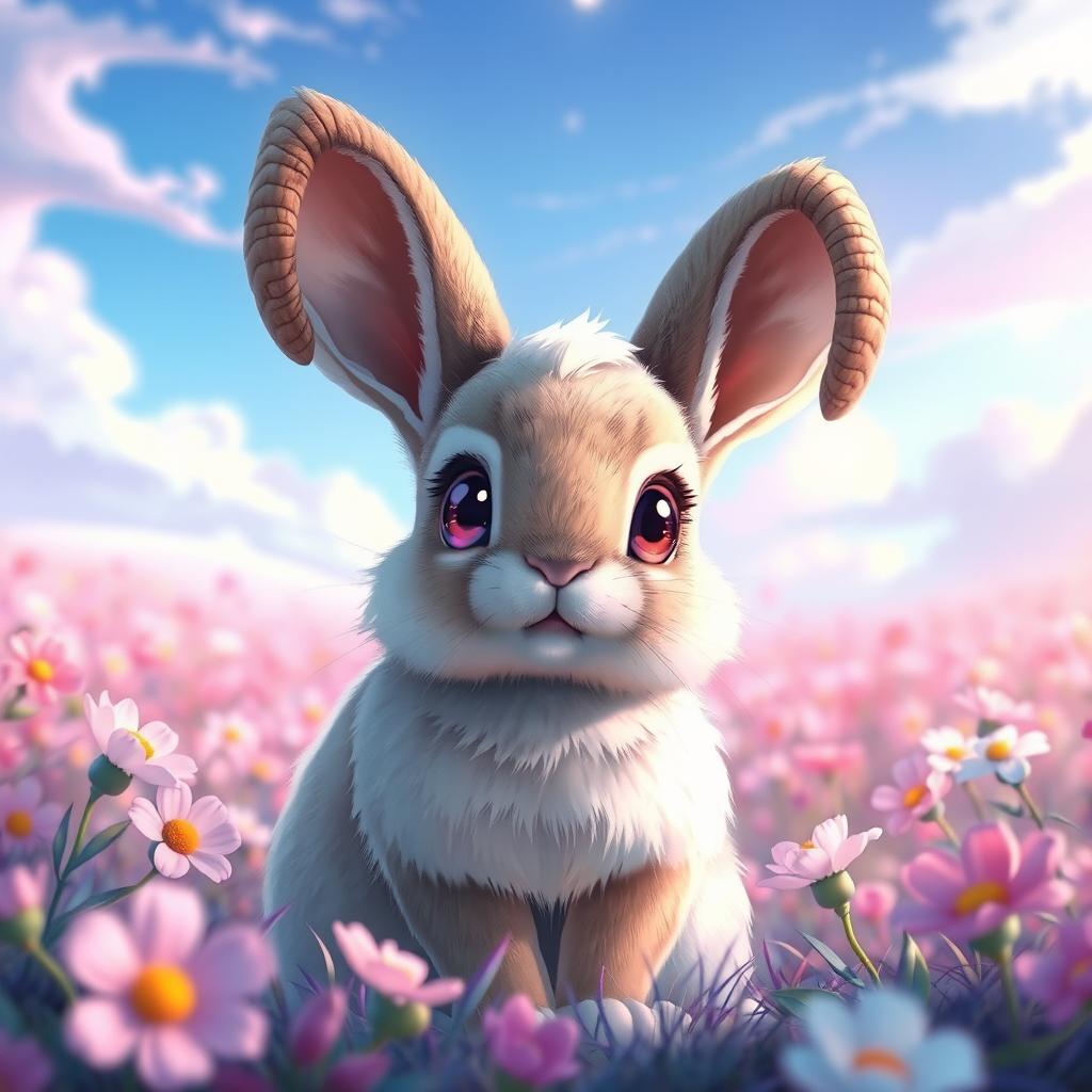 A realistic depiction of an anime-style rabbit with horns, featuring large, expressive eyes and a fluffy body