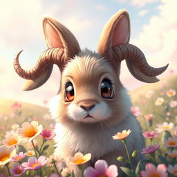 A realistic depiction of an anime-style rabbit with horns, featuring large, expressive eyes and a fluffy body