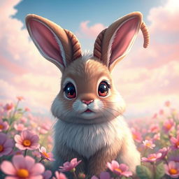 A realistic depiction of an anime-style rabbit with horns, featuring large, expressive eyes and a fluffy body