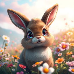 A realistic depiction of an anime-style rabbit with horns, featuring large, expressive eyes and a fluffy body