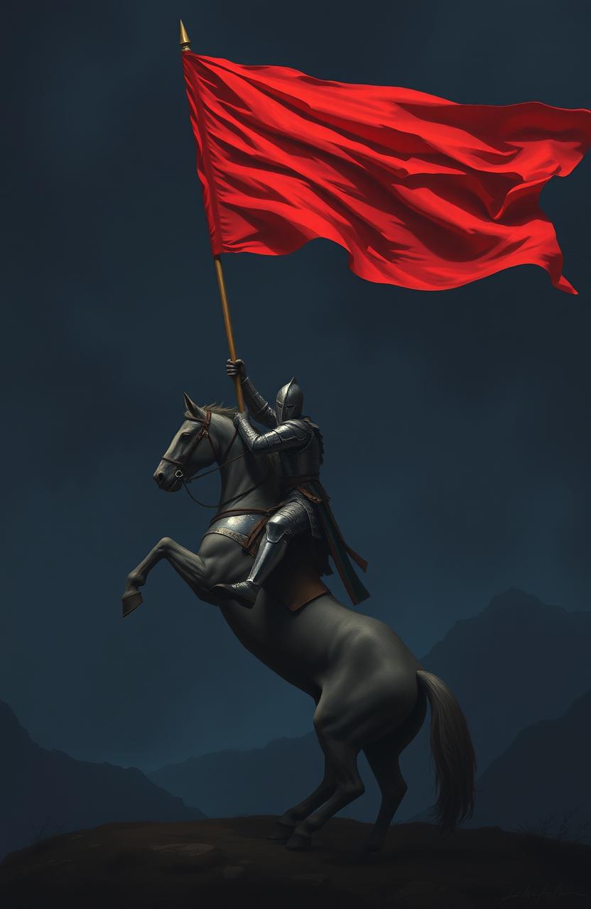 A minimalist and dramatized painting depicting a middle ages knight holding a majestic red flag that billows dramatically in the nighttime wind