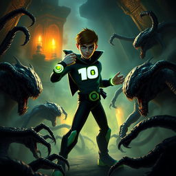 An intense and vivid scene featuring Ben 10 in a dark fantasy setting, surrounded by eerie and monstrous creatures