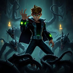 An intense and vivid scene featuring Ben 10 in a dark fantasy setting, surrounded by eerie and monstrous creatures