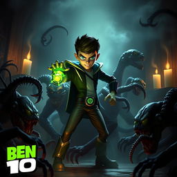 An intense and vivid scene featuring Ben 10 in a dark fantasy setting, surrounded by eerie and monstrous creatures