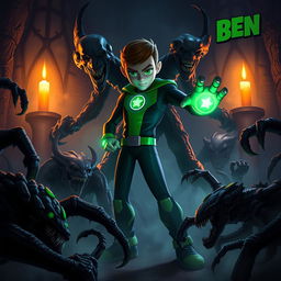An intense and vivid scene featuring Ben 10 in a dark fantasy setting, surrounded by eerie and monstrous creatures
