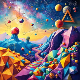 An imaginative exploration of the intersection between mathematics and art, showcasing vibrant geometric shapes, intricate fractals, and colorful patterns