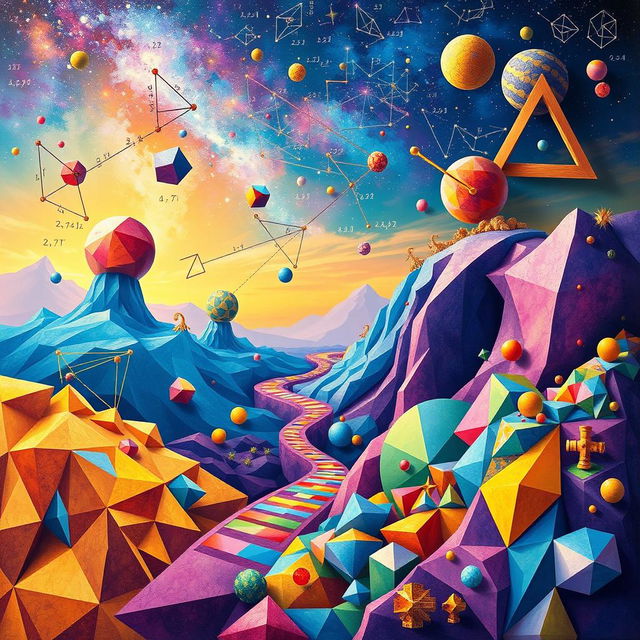 An imaginative exploration of the intersection between mathematics and art, showcasing vibrant geometric shapes, intricate fractals, and colorful patterns