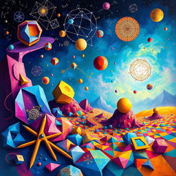 An imaginative exploration of the intersection between mathematics and art, showcasing vibrant geometric shapes, intricate fractals, and colorful patterns
