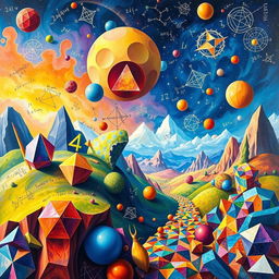 An imaginative exploration of the intersection between mathematics and art, showcasing vibrant geometric shapes, intricate fractals, and colorful patterns
