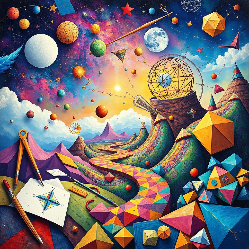 An imaginative exploration of the intersection between mathematics and art, showcasing vibrant geometric shapes, intricate fractals, and colorful patterns