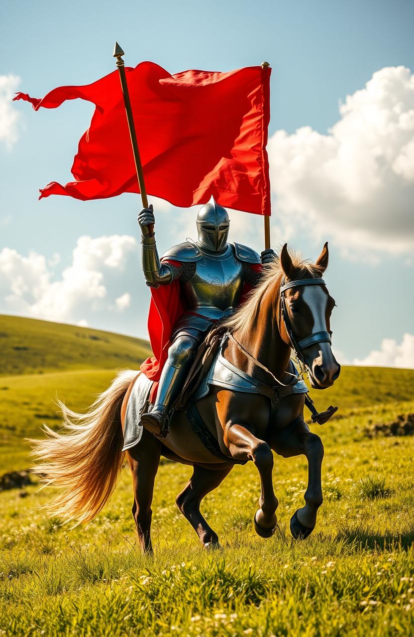 Majestic Knight on Horseback - A Heroic Scene in Lush Greenery