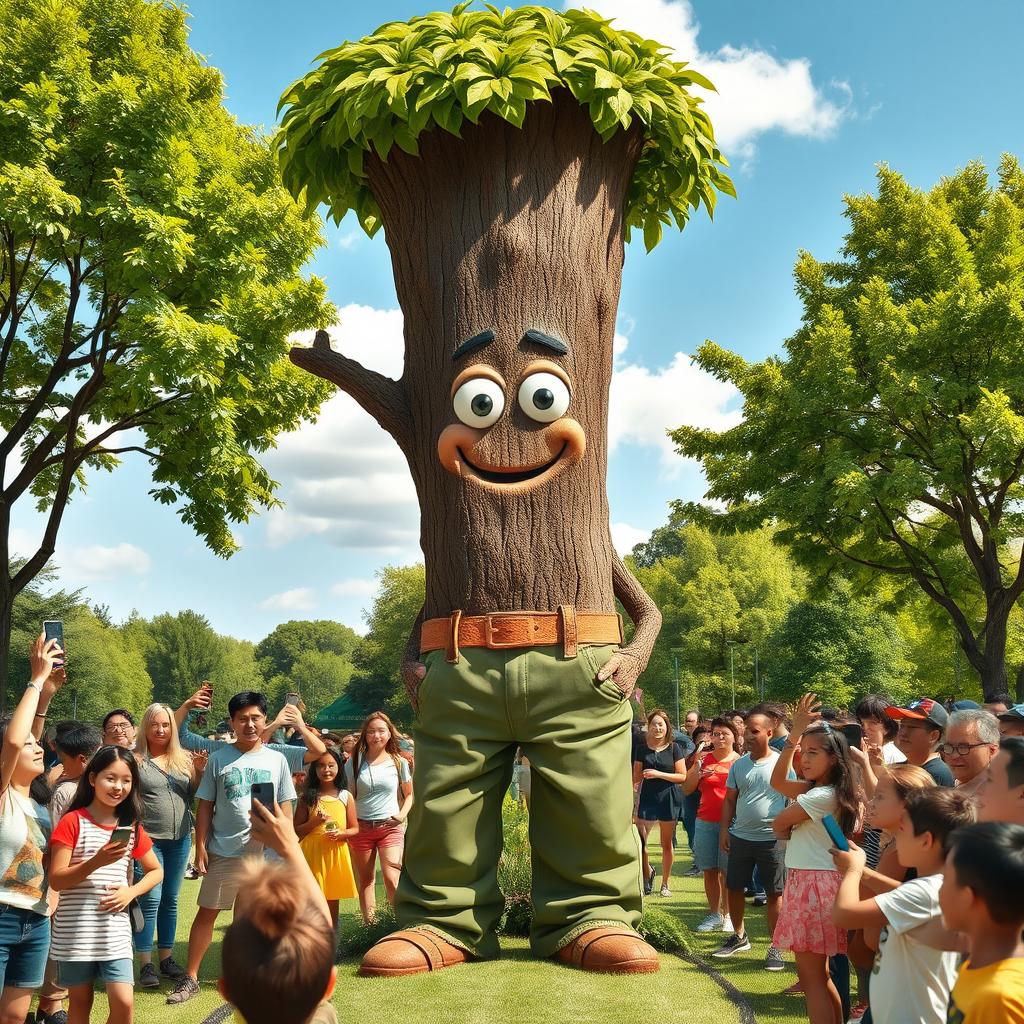 A whimsical tree character with pants and eyes, standing in a vibrant park