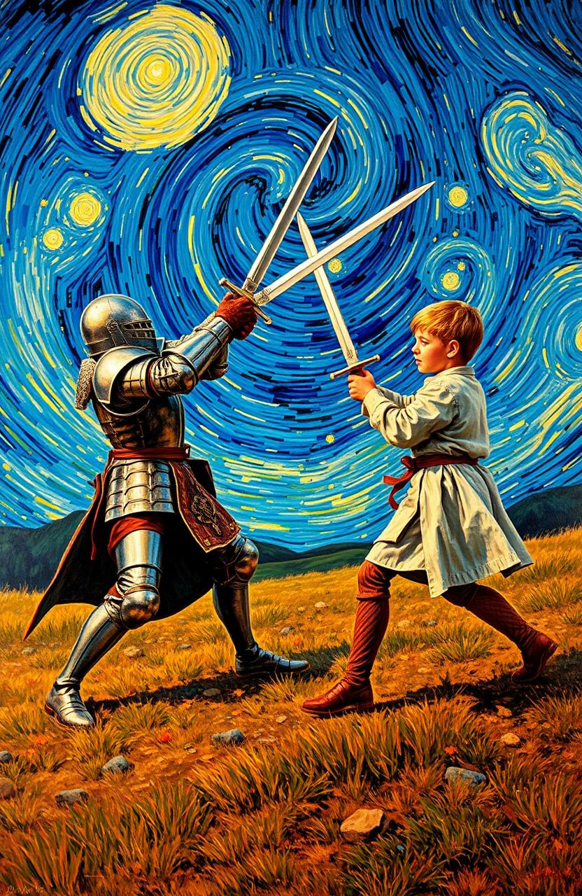 A Vincent van Gogh style painting depicting a dramatic scene of a knight sword fighting a young squire
