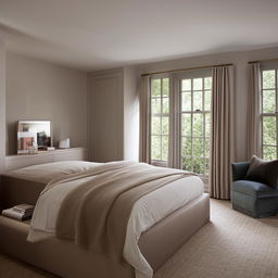 An elegant redesign of a bedroom with modern furniture, calming color schemes, plush bedding, and warm lighting. Includes a cozy reading nook and optimal storage solutions.