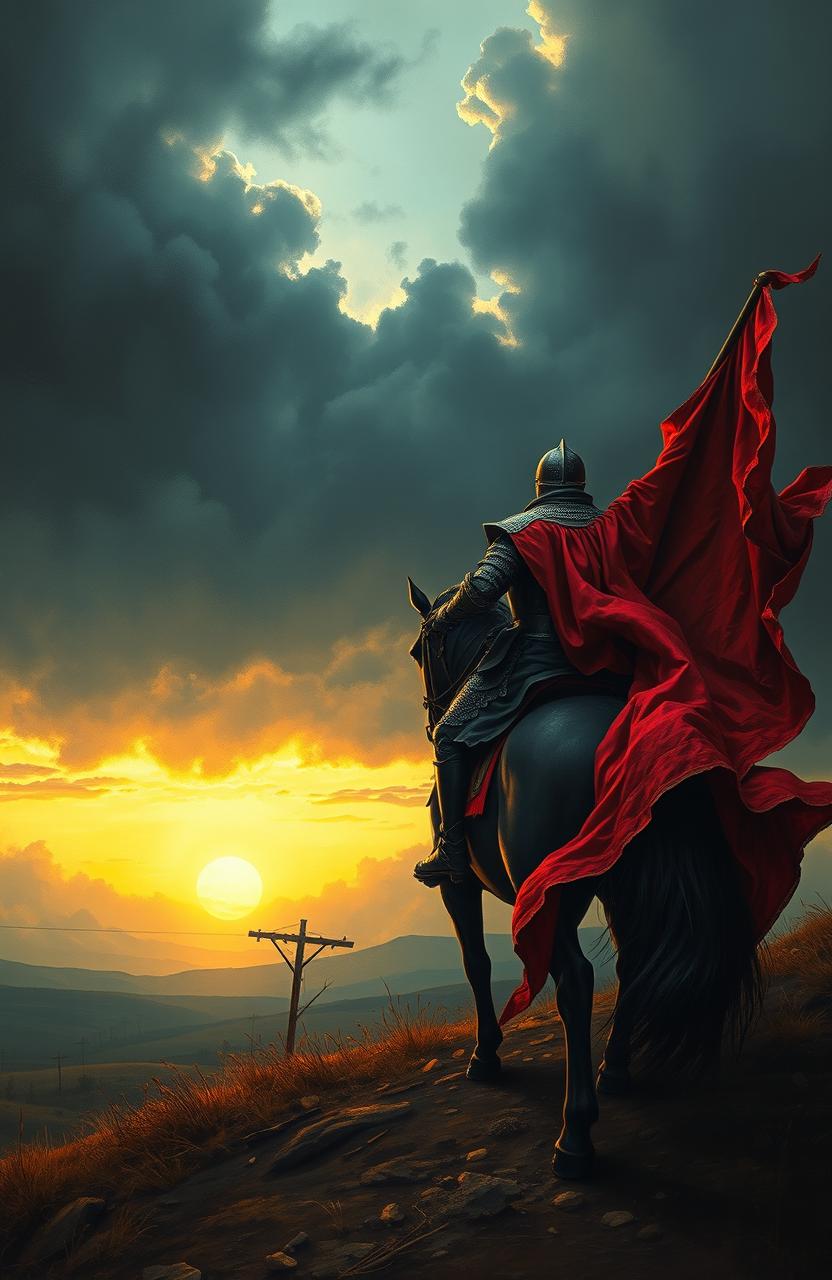A macabre painting depicting a knight in dark, worn armor riding off into the distance on a majestic black horse