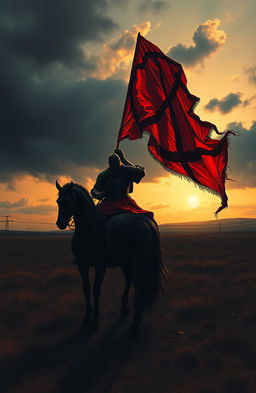 A macabre painting depicting a knight in dark, worn armor riding off into the distance on a majestic black horse