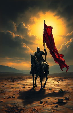 A macabre painting depicting a knight in dark, worn armor riding off into the distance on a majestic black horse