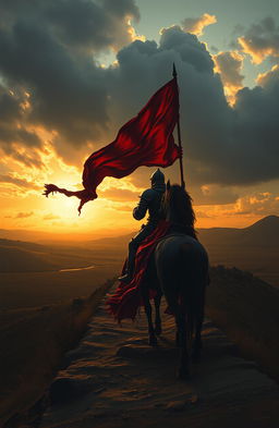 A macabre painting depicting a knight in dark, worn armor riding off into the distance on a majestic black horse
