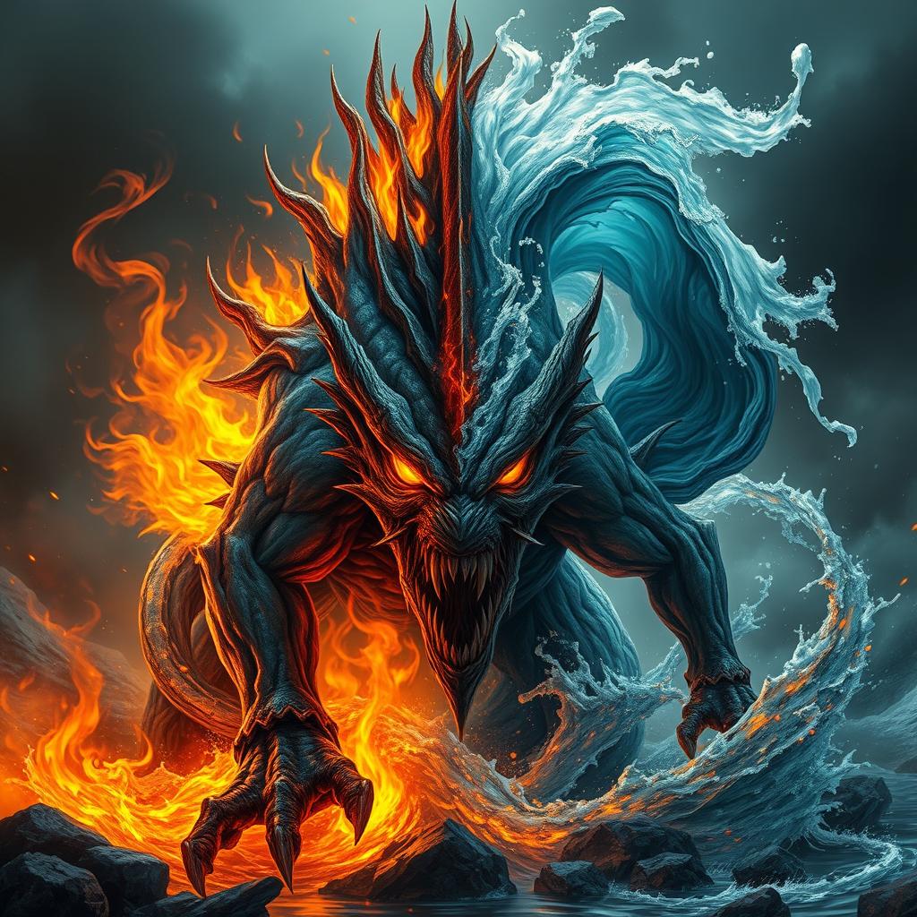 A fantasy creature that is half fire and half water, with one side engulfed in flames and the other side composed of swirling water