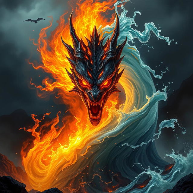 A fantasy creature that is half fire and half water, with one side engulfed in flames and the other side composed of swirling water