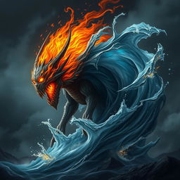 A fantasy creature that is half fire and half water, with one side engulfed in flames and the other side composed of swirling water