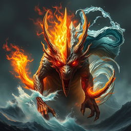 A fantasy creature that is half fire and half water, with one side engulfed in flames and the other side composed of swirling water