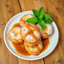 A delicious plate of golden-brown banana fritters, beautifully arranged, dusted with powdered sugar, and drizzled with a sweet caramel sauce