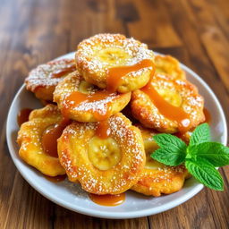 A delicious plate of golden-brown banana fritters, beautifully arranged, dusted with powdered sugar, and drizzled with a sweet caramel sauce