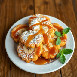 A delicious plate of golden-brown banana fritters, beautifully arranged, dusted with powdered sugar, and drizzled with a sweet caramel sauce