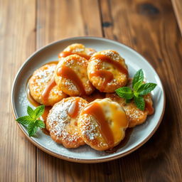 A delicious plate of golden-brown banana fritters, beautifully arranged, dusted with powdered sugar, and drizzled with a sweet caramel sauce