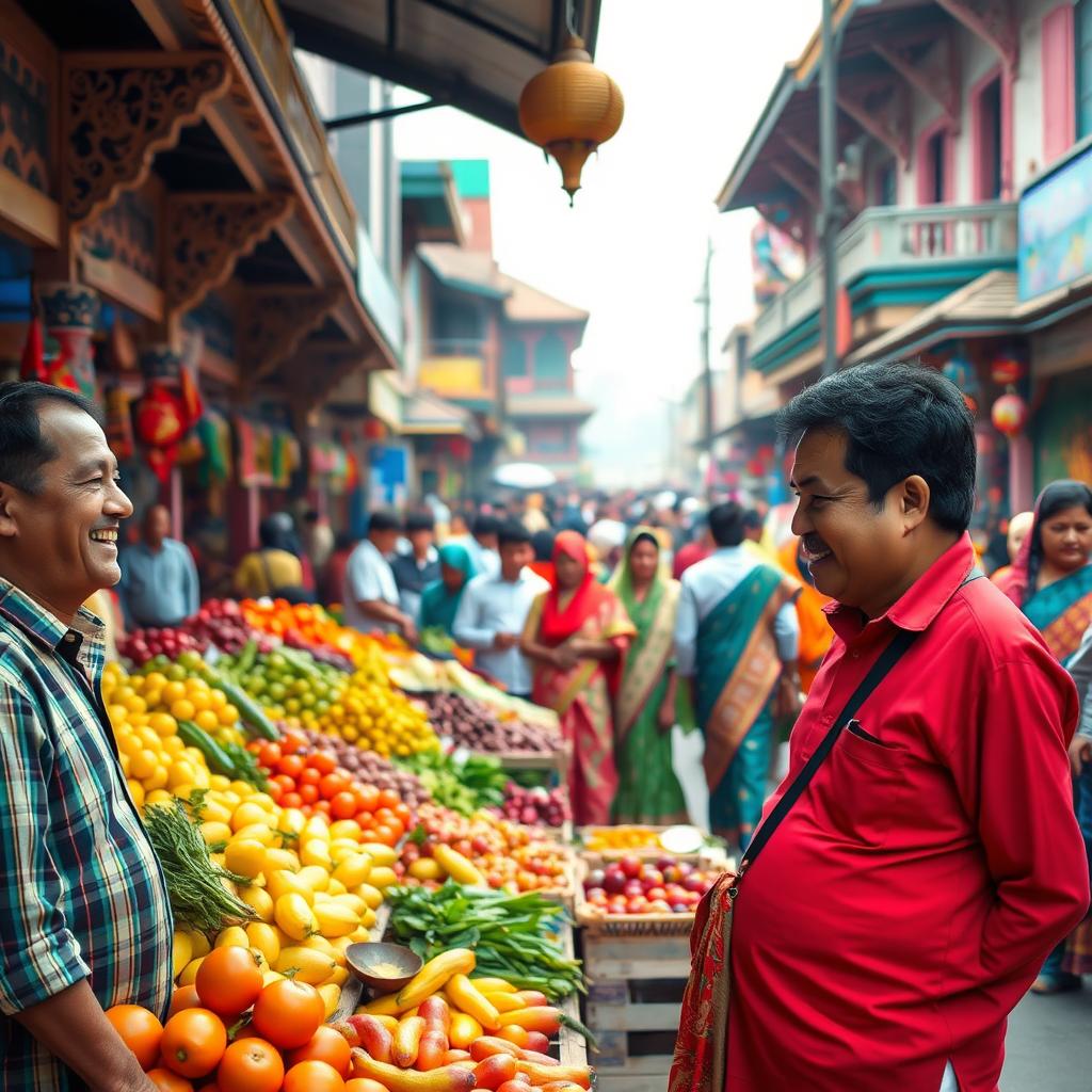 A vibrant street scene in Bangladesh, showcasing a bustling market filled with colorful fruits and vegetables