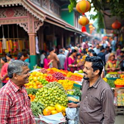 A vibrant street scene in Bangladesh, showcasing a bustling market filled with colorful fruits and vegetables