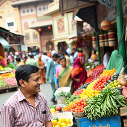 A vibrant street scene in Bangladesh, showcasing a bustling market filled with colorful fruits and vegetables