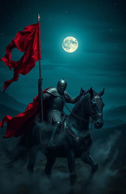 A hauntingly beautiful scene depicting a knight clad in dark, ornate armor, riding a powerful black horse