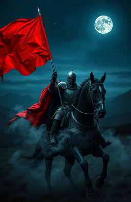 A hauntingly beautiful scene depicting a knight clad in dark, ornate armor, riding a powerful black horse
