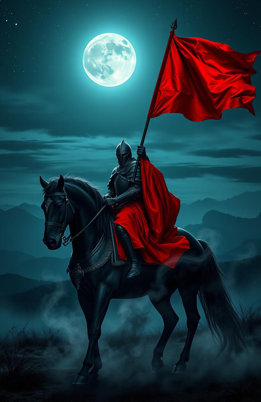 A hauntingly beautiful scene depicting a knight clad in dark, ornate armor, riding a powerful black horse