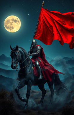 A hauntingly beautiful scene depicting a knight clad in dark, ornate armor, riding a powerful black horse