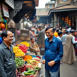 A vibrant street scene in Bangladesh, showcasing a bustling market filled with colorful fruits and vegetables