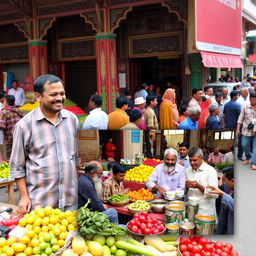 A vibrant street scene in Bangladesh, showcasing a bustling market filled with colorful fruits and vegetables