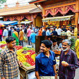 A vibrant street scene in Bangladesh, showcasing a bustling market filled with colorful fruits and vegetables