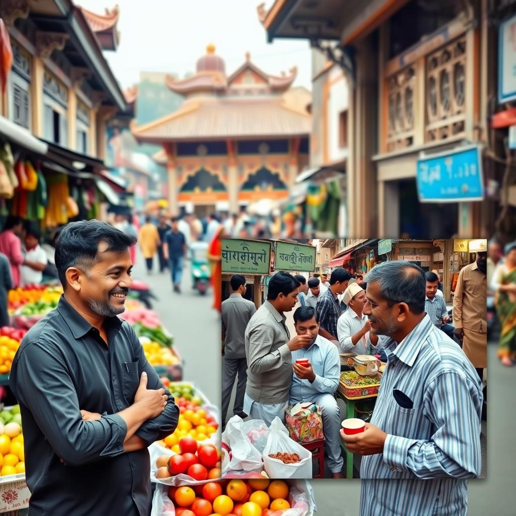 A vibrant street scene in Bangladesh, showcasing a bustling market filled with colorful fruits and vegetables
